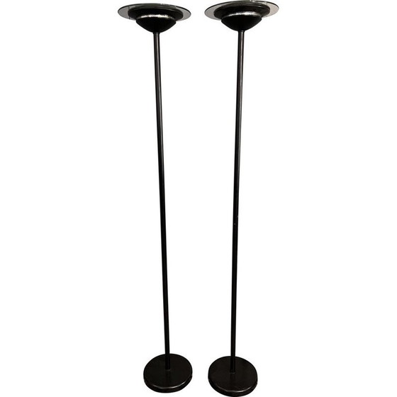Image 1 of Pair of vintage floor lamps in black lacquered metal and glass disc, 1980
