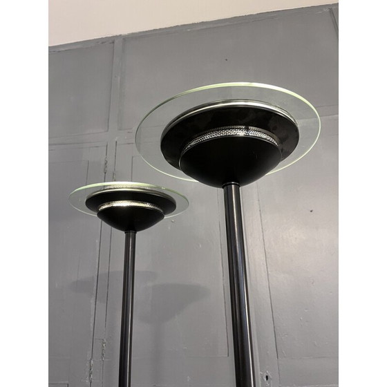 Image 1 of Pair of vintage floor lamps in black lacquered metal and glass disc, 1980