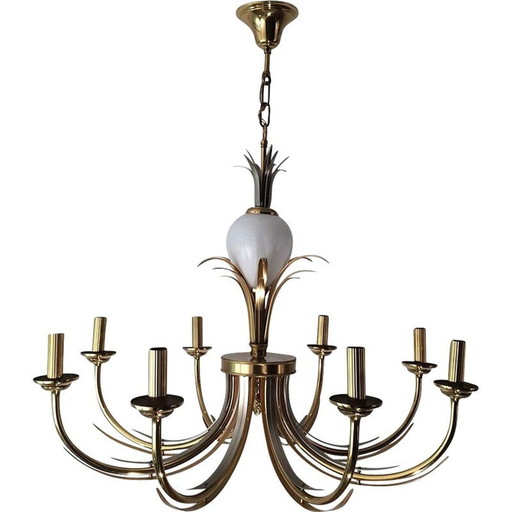 Vintage chandelier in gilded metal and white porcelain, 1970
