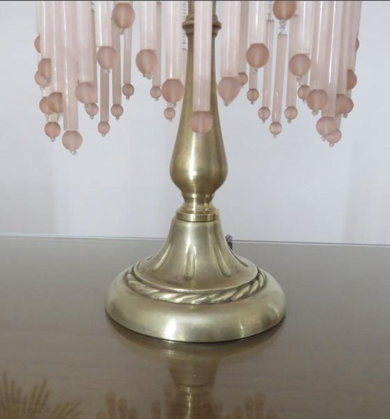 Image 1 of Lampe Victorienne En Bronze Et Verre Marmoréen, Lampe À Franges Perlées 1960