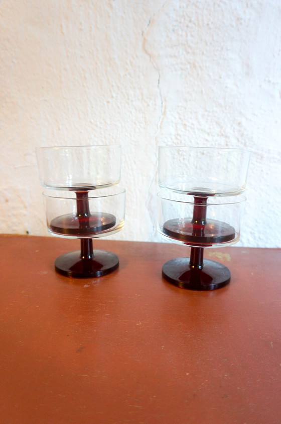 Image 1 of 4x Ruby Red Glass Champagne Coupes French Luminarc Wine Glasses