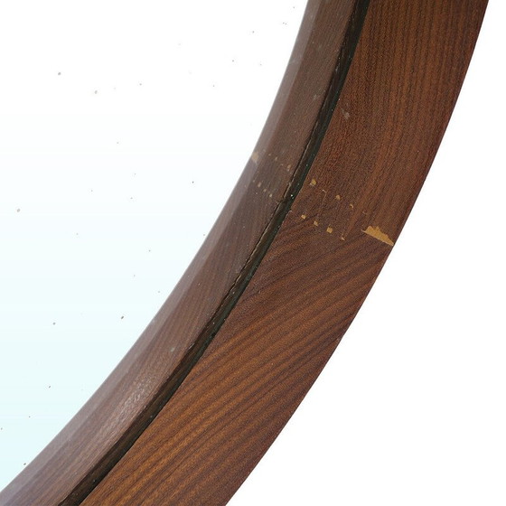 Image 1 of Specchio rotondo vintage in legno curvato e cinturino in pelle, Italia 1960