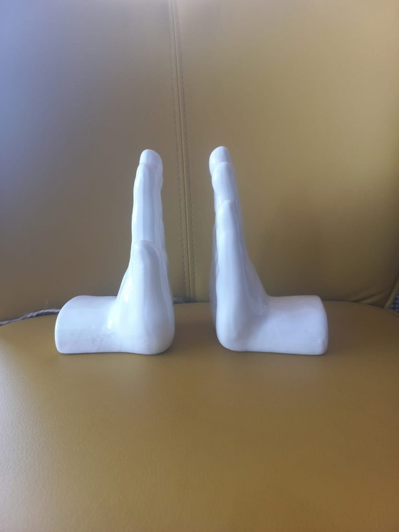 Image 1 of White Glazed Bookends 1980s White (Left And Right Hand)