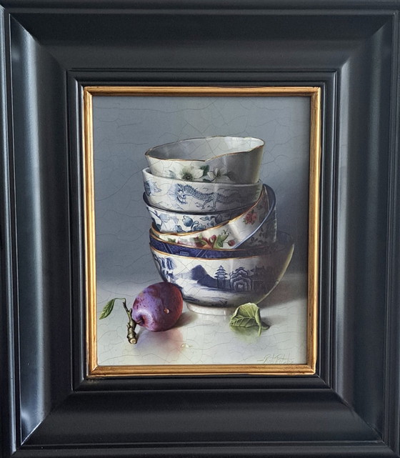 Image 1 of Still Life With Stacked Dishes And Plum By Rib Ritchie