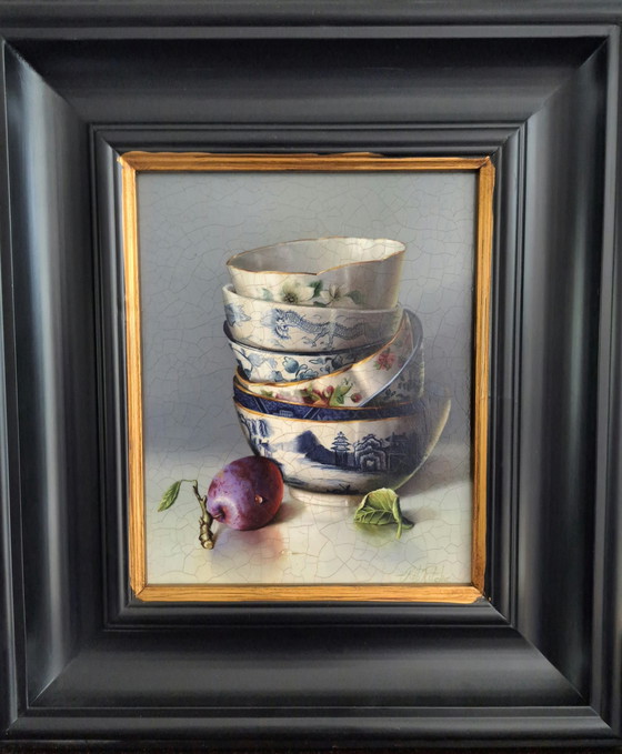 Image 1 of Still Life With Stacked Dishes And Plum By Rib Ritchie