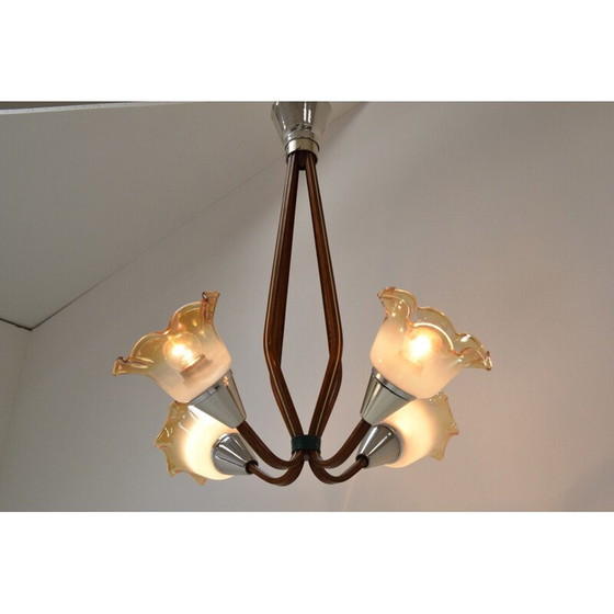 Image 1 of Vintage wood and metal chandelier, Czechoslovakia 1960
