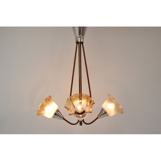 Image 1 of Vintage wood and metal chandelier, Czechoslovakia 1960