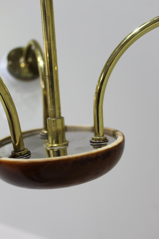 Image 1 of Lampada da soffitto vintage - 3 bracci, ottone, vetro, anni '50/'60