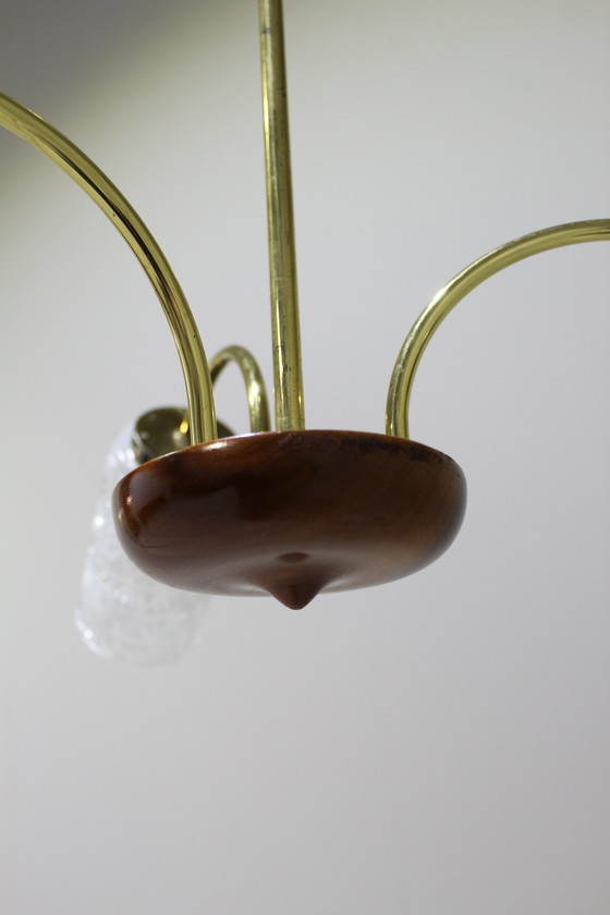 Image 1 of Lampada da soffitto vintage - 3 bracci, ottone, vetro, anni '50/'60