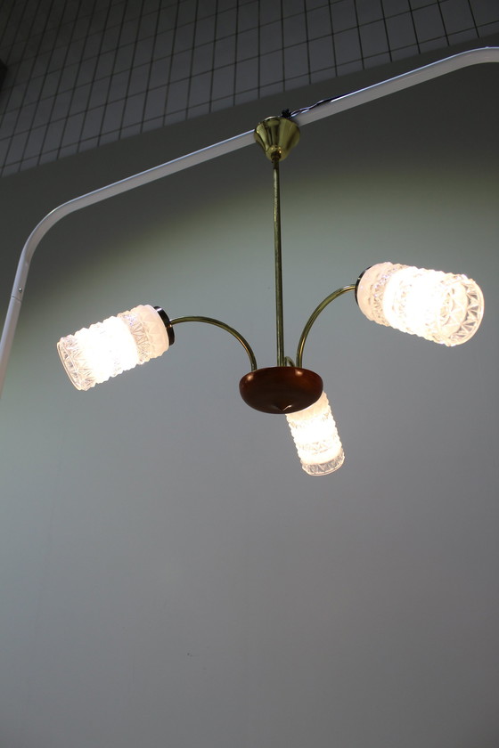 Image 1 of Lampada da soffitto vintage - 3 bracci, ottone, vetro, anni '50/'60