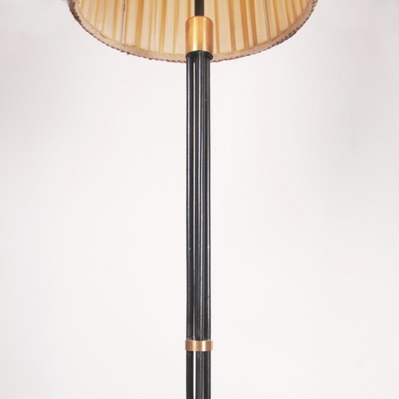 Image 1 of Vintage metal, brass and pleated fabric floor lamp on tripod base, Denmark 1950s