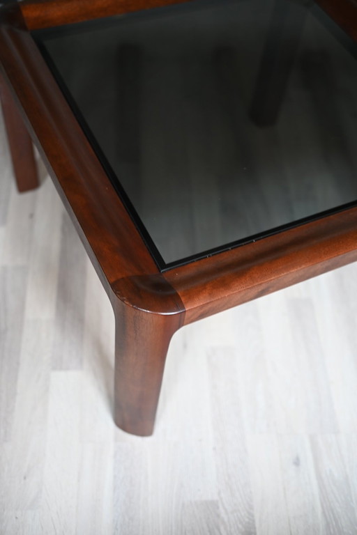 Danish vintage 70s solid teak coffee table with smoked glass top