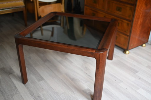Danish vintage 70s solid teak coffee table with smoked glass top