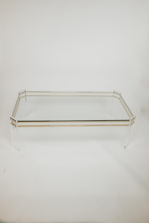 Tavolino da caffè vintage in ottone con vetro