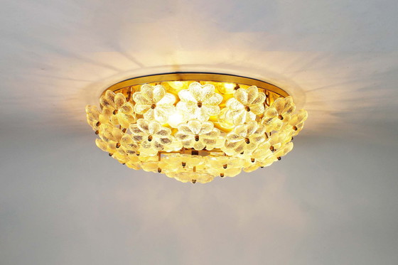 Image 1 of 1X Large Brass And Glass Flower Flush Mount Light By E. Palme