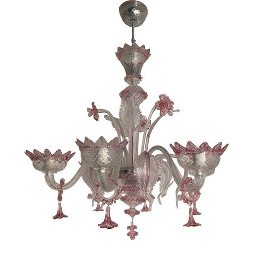 Transparent And Pink Murano Style Glass Chandelier With Flowers And Leaves