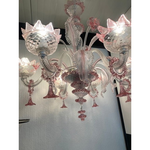 Transparent And Pink Murano Style Glass Chandelier With Flowers And Leaves