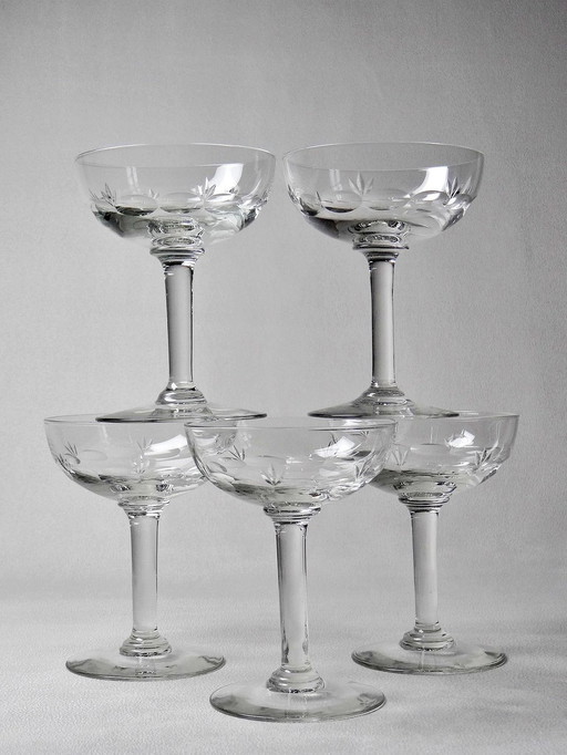 5 Antique Champagne Cups Chased Crystal Glass