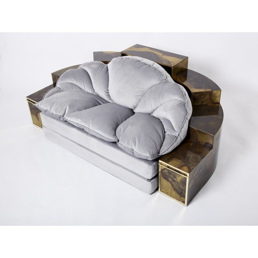 Vintage sofa bed in oxidized brass and velvet by Isabelle and Richard Faure for Maison Honoré, 1970