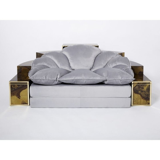 Image 1 of Vintage sofa bed in oxidized brass and velvet by Isabelle and Richard Faure for Maison Honoré, 1970