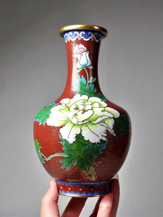 Image 1 of Small vintage Chinese brass and cloisonné enamel vase