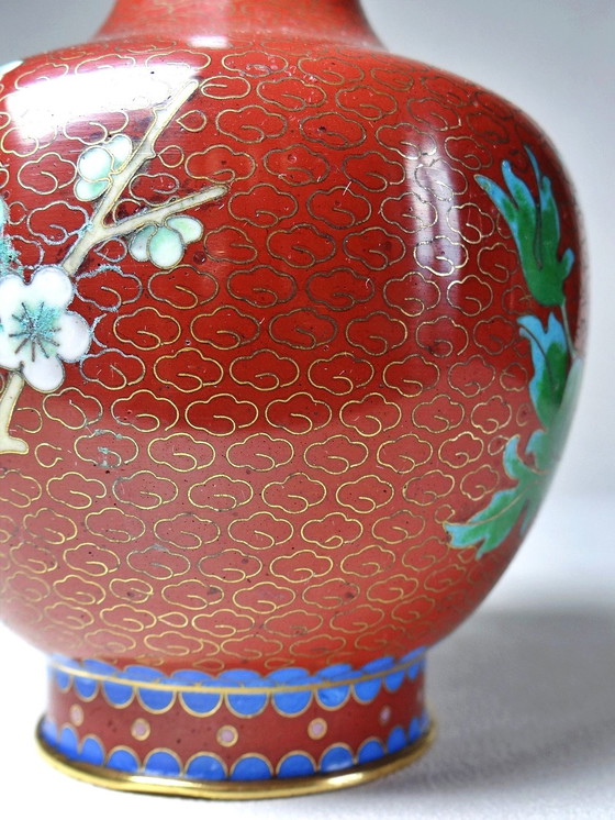 Image 1 of Small vintage Chinese brass and cloisonné enamel vase