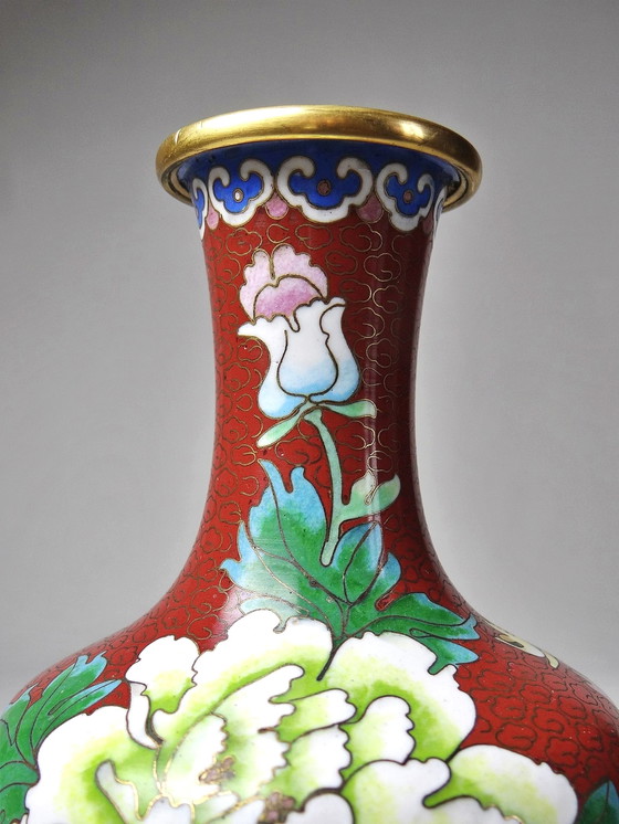 Image 1 of Small vintage Chinese brass and cloisonné enamel vase