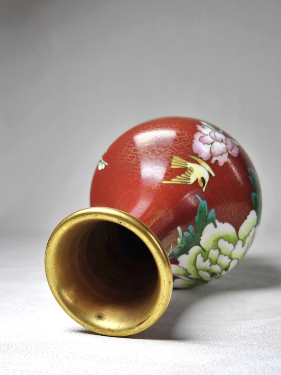 Image 1 of Small vintage Chinese brass and cloisonné enamel vase