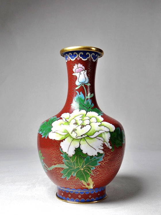 Image 1 of Small vintage Chinese brass and cloisonné enamel vase