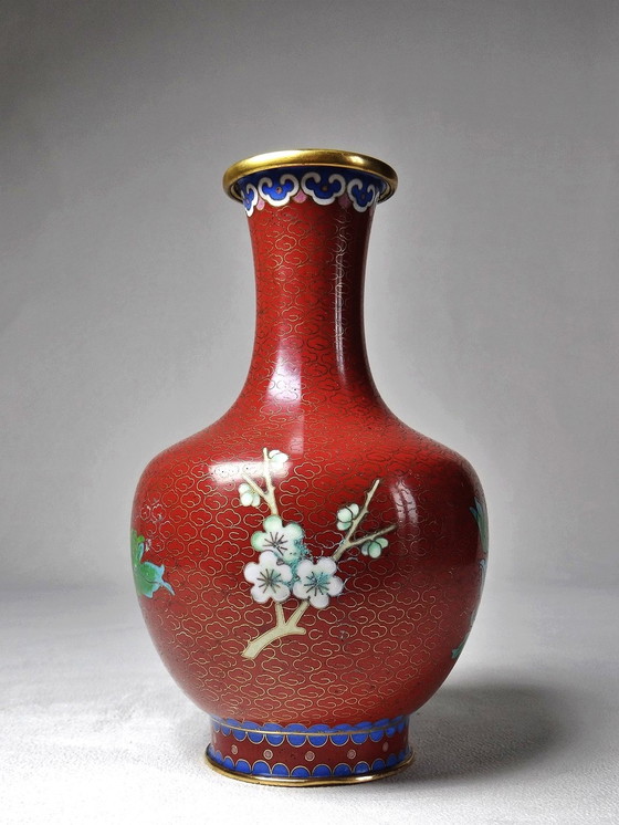 Image 1 of Small vintage Chinese brass and cloisonné enamel vase