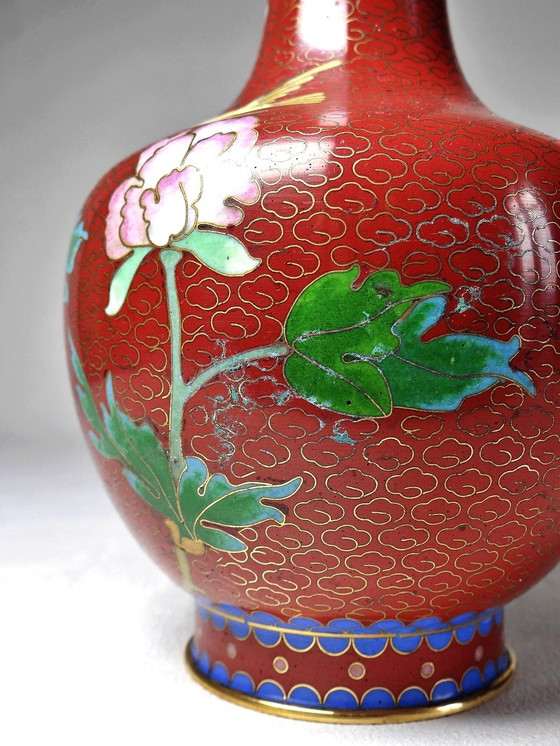 Image 1 of Small vintage Chinese brass and cloisonné enamel vase