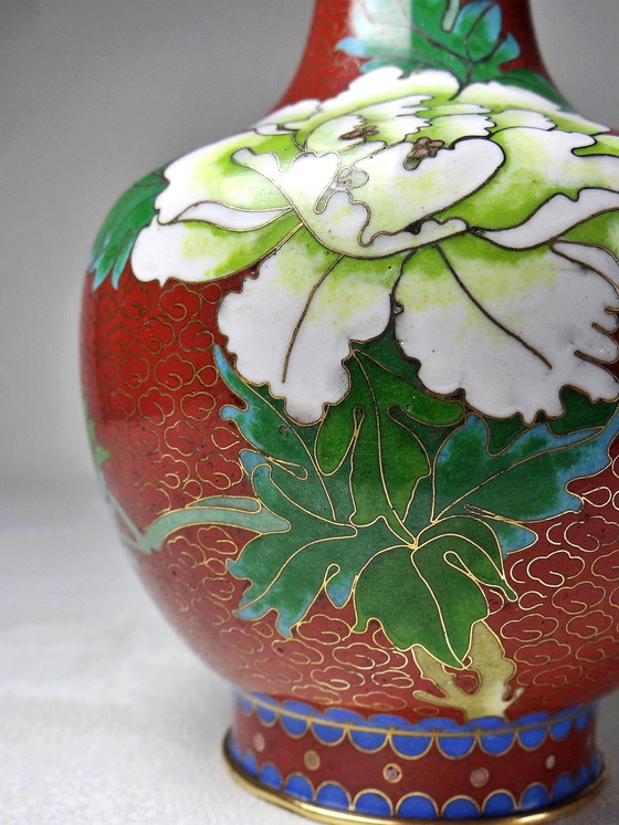 Image 1 of Small vintage Chinese brass and cloisonné enamel vase