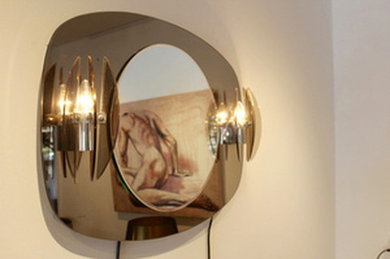 Image 1 of Veca Two-Toned Italian Glass Mirror with Glass Sconces