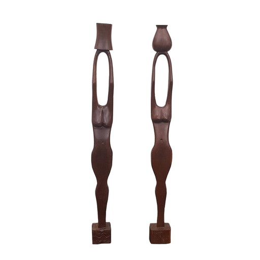 Large Hand Carved African Candleholders, Set of 2