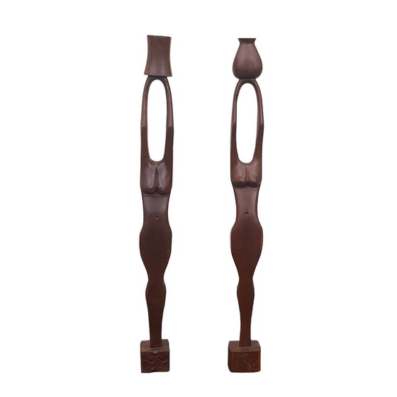 Image 1 of Large Hand Carved African Candleholders, Set of 2