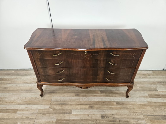 Image 1 of Chippendale Chest Of Drawers In Walnut And Maple With Brass Handles