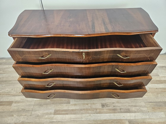 Image 1 of Chippendale Chest Of Drawers In Walnut And Maple With Brass Handles