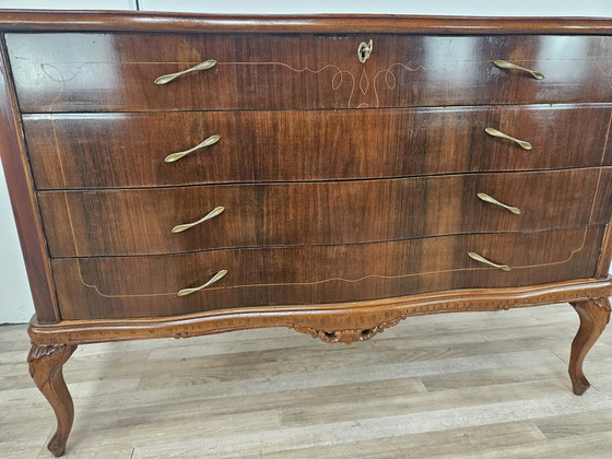 Image 1 of Chippendale Chest Of Drawers In Walnut And Maple With Brass Handles