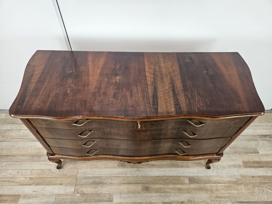 Image 1 of Chippendale Chest Of Drawers In Walnut And Maple With Brass Handles