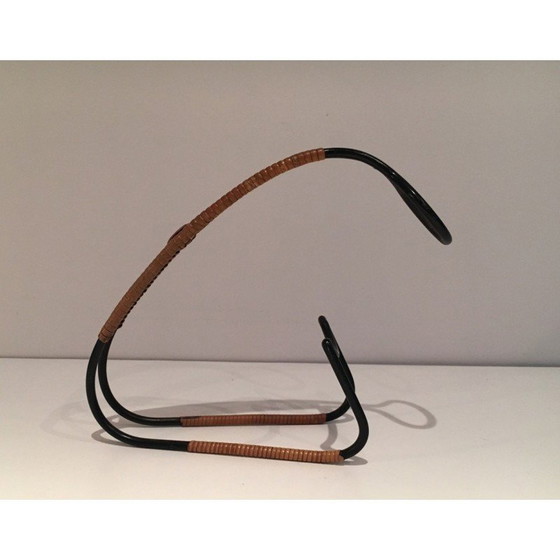 Image 1 of Scandinavian vintage bottle holder in black lacquered metal and rattan, 1950s