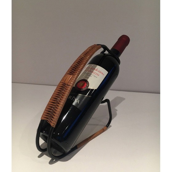 Image 1 of Scandinavian vintage bottle holder in black lacquered metal and rattan, 1950s
