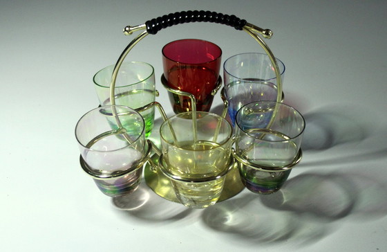 Image 1 of 1950S - 6 shot glasses in metal stand