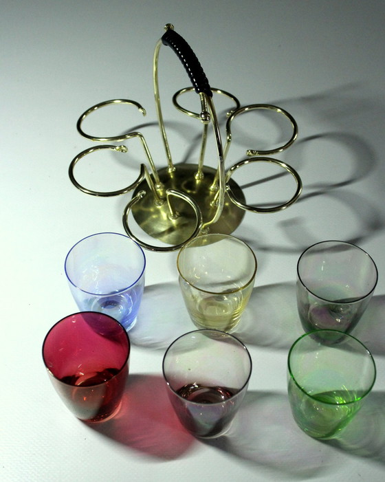 Image 1 of 1950S - 6 shot glasses in metal stand