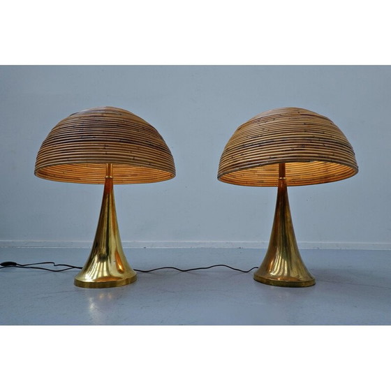 Image 1 of Pair of vintage brass and bamboo table lamps, Italy
