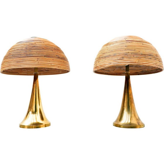 Image 1 of Pair of vintage brass and bamboo table lamps, Italy