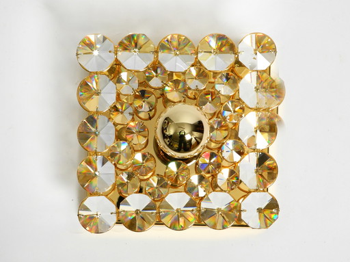 Fantastic small 70s Palwa brass ceiling or wall lamp with faceted crystal stones