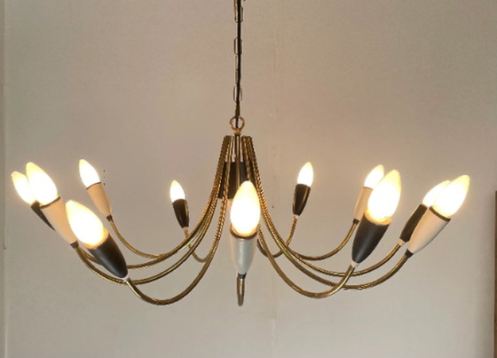 Image 1 of Vintage 50’s MCM Ceiling light - In the style of Stilnovo - XL chandelier - Restored / Polished - 12 bulbs
