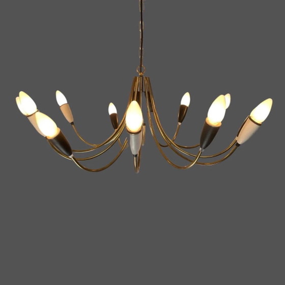 Image 1 of Vintage 50’s MCM Ceiling light - In the style of Stilnovo - XL chandelier - Restored / Polished - 12 bulbs