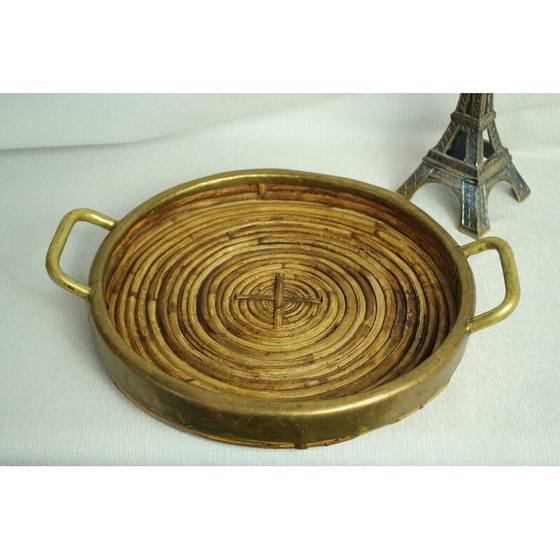 Image 1 of Round vintage tray in rattan and brass, Italy 1970