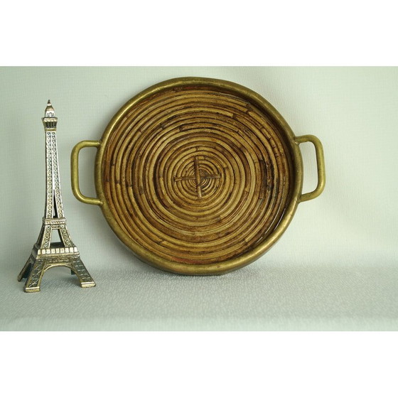Image 1 of Round vintage tray in rattan and brass, Italy 1970